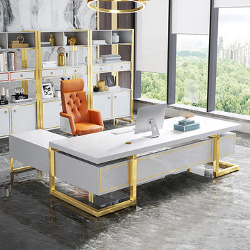 Holf L-Shaped Modern Office Executive Desk of Right Hand with Storage in White & Gold